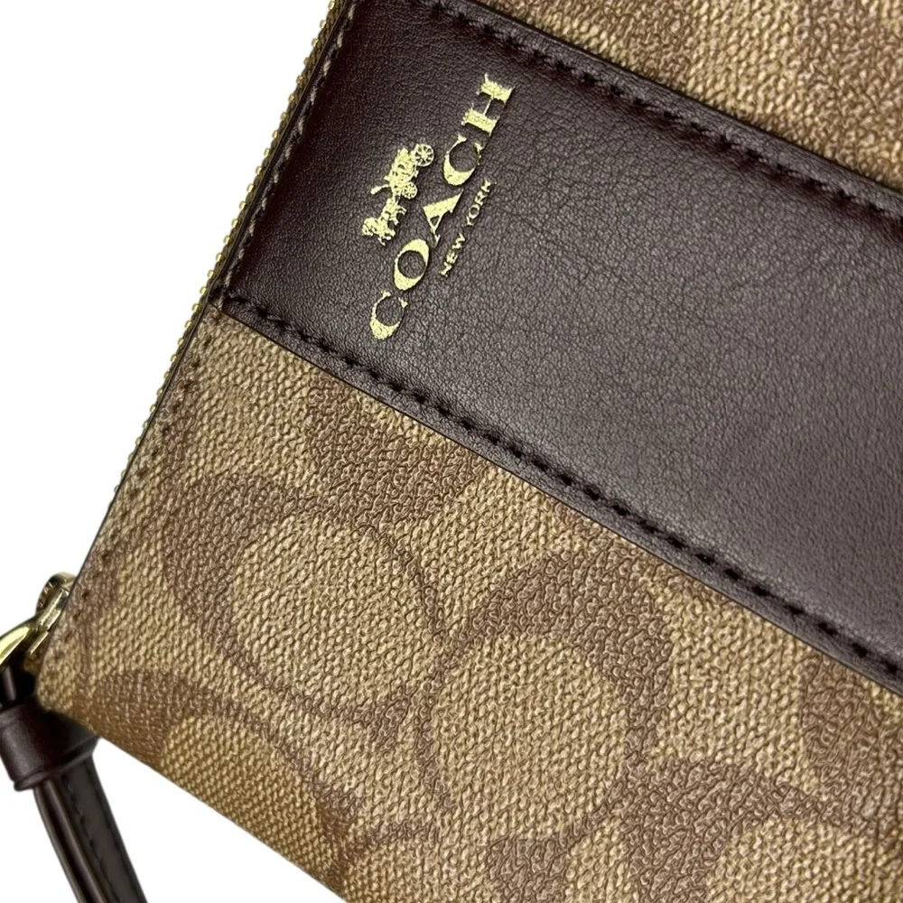 Coach Signature Canvas Corner Zip Wristlet Wallet Brown Gold